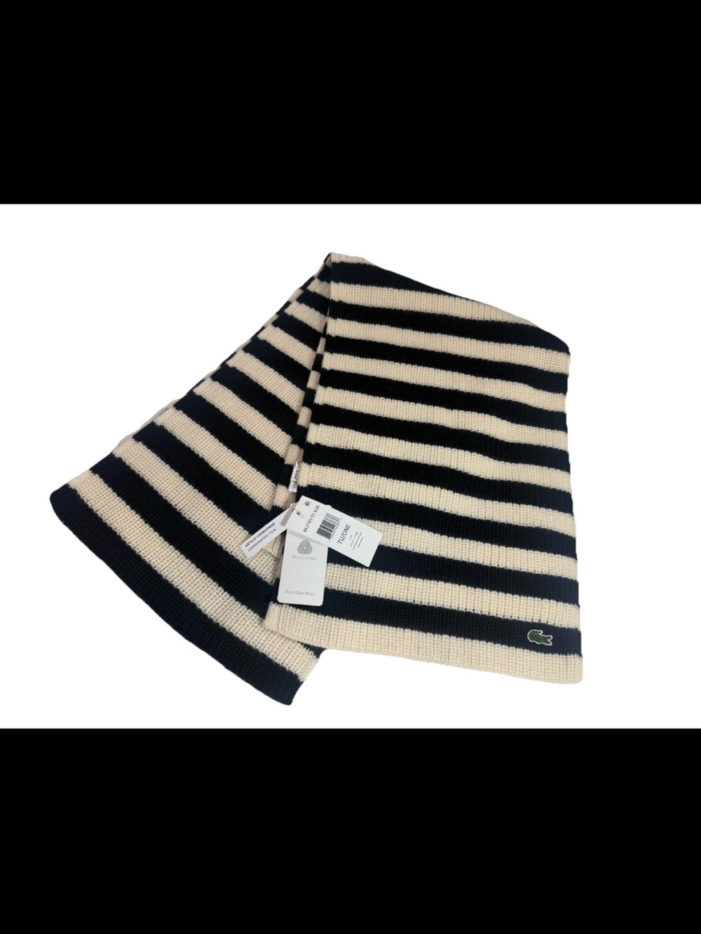 Lacoste Striped Wool Knit Scarf Navy Cream One Size NWT Made In Italy Preppy